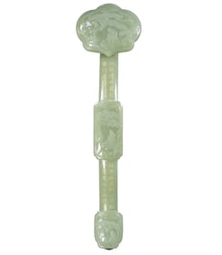Superb Chinese Hetian Jade Carved Pine Tree & Figure Ruyi Scepter Statue