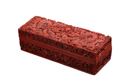 Chinese Red Lacquerware Low Relief Fortune Dragon Design Jewellery Box