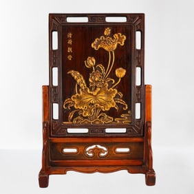 Old Chinese Wood Carved Lotus Leaf & Lotus Flower Design Screen