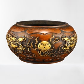 Chinese Gilt Gold Red Copper Double Dragon Fireball Incense Burner