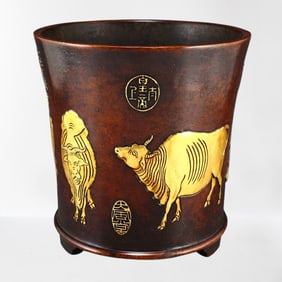 Chinese Gilt Gold Red Copper Five Oxen Brush Pot