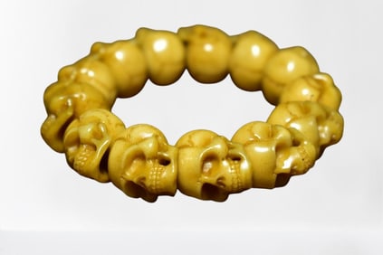 Old Chinese Deer Horn Carved Skull Beads Bracelet
