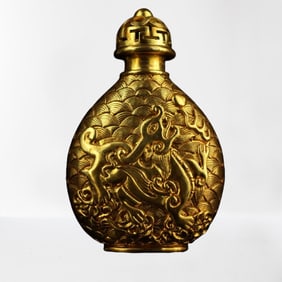 Old Chinese Gilt Gold Bronze Low Relief Fortune Pixiu Snuff Bottle