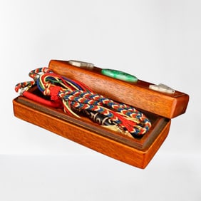 Old Tibetan DZI Agate Lucky Pendant w Hand Woven Necklace & Wood Box