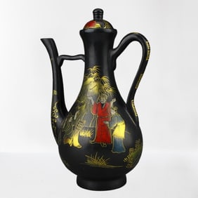 Vintage Chinese Gilt Gold Black Lacquerware Wine Pot