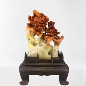 Vintage Chinese Shoushan Stone Carved Flower Bird Statue