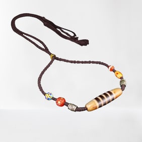 Old Tibetan DZI Agate Lucky Pendant w Hand Woven Beads Necklace