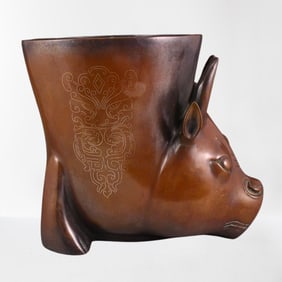 Vintage Chinese Red Copper Inlay Silver Wire Ox Head Incense Burner