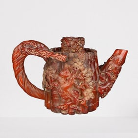 Superb Vintage Ox Horn Carved Pine Tree Teapot