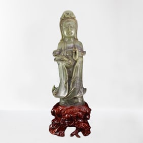 Superb Vintage Chinese Hetian Jade Carved Kwan-yin Statue