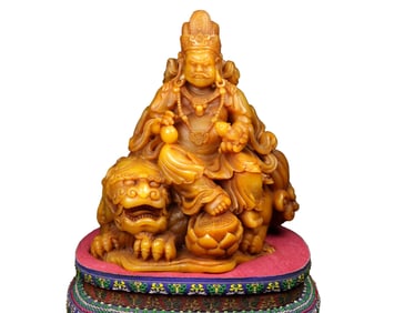 Superb Vintage Chinese Tianhuang Stone Carved Yellow Jambhala Statue