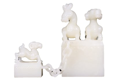 Superb Chinese White Hetian Jade Carved Three Sheep Chain Seals