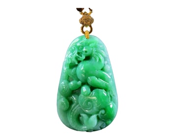 Exquisite Jadeite Carved Fortune Dragon Pendant w Hand Carved Chenxiang Wood Beads Necklace