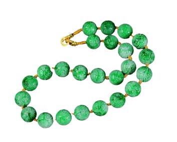 Exquisite 18K Gold Buckle Green Jadeite Beads Necklace