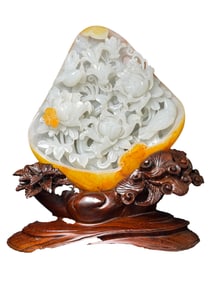 Superb Chinese Hetian Jade Carved Flowers Bird Statue