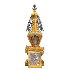 Exquisite Chinese White Hetian Jade Carved Buddha Statue w Gold Wires Enamel Inlay Gem Pagoda