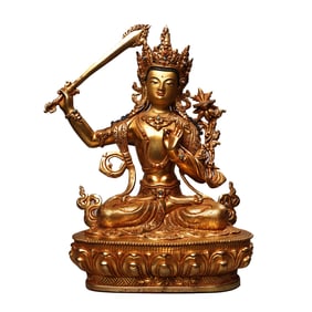 Tibetan Buddhism Gilt Gold Copper Manjushri Bodhisattva Statue