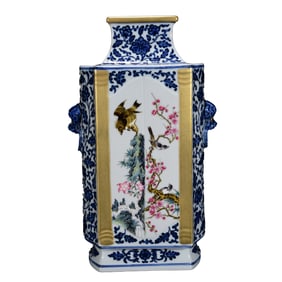 Chinese Qing Dynasty Blue And White + Famille Rose Flowers Bird Design Porcelain Vase