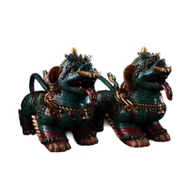 A Pair Tibetan Gilt Gold Copper Inlay Turquoise & Gems Fortune Lion Statues