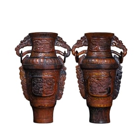 A Pair Vintage Ox Horn Carved Double Ear Fortune Dragon Vases