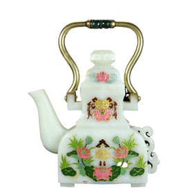 Superb Chinese Colored Drawing Hetian Jade Handle Teapot