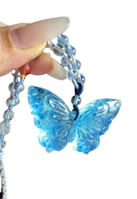 Beautiful Aquamarine Carved Butterfly Pendant w Hand Woven Beads Necklace