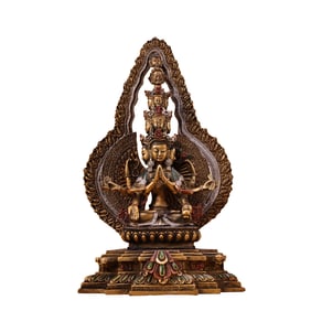 Tibetan Buddhism Colored Drawing Gilt Gold Copper Thousand-Hand Kwan-yin Statue