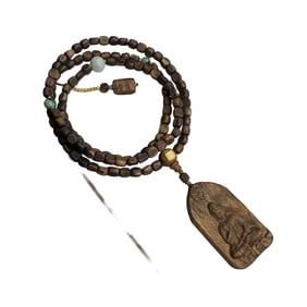 Vintage Chenxiang Wood Carved Kwan-yin Pendant w Hand Woven Beads Necklace
