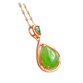 Chinese 925 Silver Inlay Green Hetian Jade Carved Lucky Pendant