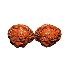 A Pair Vintage Walnut Carved Fortune Toad Gymnastic Balls