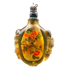 Old Chinese Peking Glass Inside Painting Flowers Bird Design Snuff Bottle w Stopper