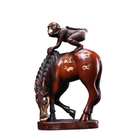 Vintage Chinese Silver Plated Gilt Gold Copper Monkey & Horse Statue