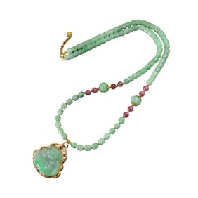Exquisite 18K Gold Inlay Jadeite Carved Laughing Buddha Pendant w Hand Woven Beads Necklace