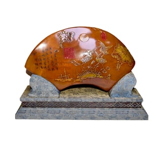 Vintage Chinese Tianhuang Stone Low Relief Crane & Lotus Leaf Statue