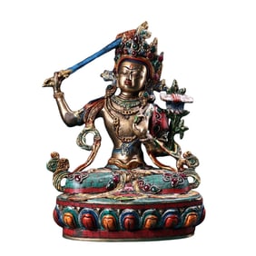 Tibetan Buddhism Gilt Gold Copper Inlay Turquoise & Gems Manjushri Bodhisattva Statue