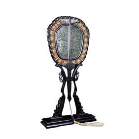 Vintage Chinese Zitan Wood Inlay Green Hetian Jade Carved Feitian Female Deity Fan Screen Statue