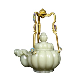 Superb Chinese Hetian Jade Carved Fortune Sheep Handle Teapot