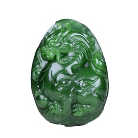Superb Chinese Green Hetian Jade Carved Fortune Kylin Statue