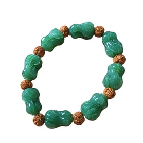 Chinese Green Hetian Jade Carved Fortune Cabbage Beads Bracelet