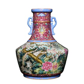 Chinese Qing Dynasty Gilt Edge Famille Rose Flowers Bird Design Porcelain Vase