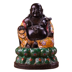 Vintage Chinese Copper Enamel Laughing Buddha Statue