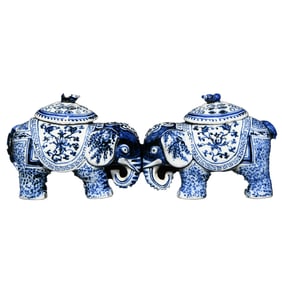 A Pair Chinese Blue And White Porcelain Elephant Porcelain Incense Burner