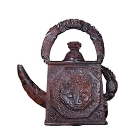 Vintage Ox Horn Carved Fortune Beast Handle Teapot