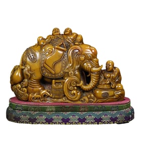 Superb Vintage Chinese Tianhuang Stone Carved Elephant & Arhat Seal Statue