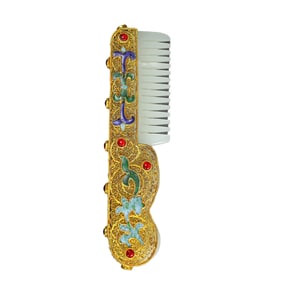 Exquisite Chinese Gold Wires Enamel Inlay Hetian Jade Comb