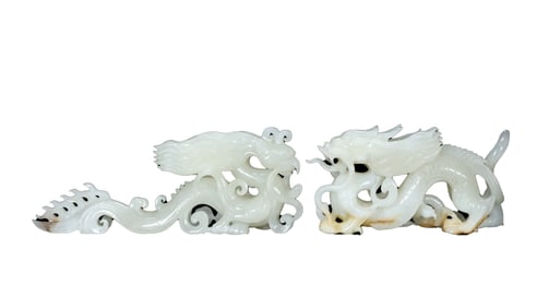 A Pair Superb Chinese Hetian Jade Carved Dragon Phoenix Statues