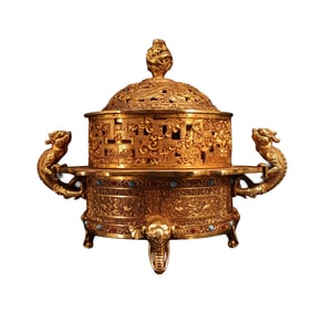 Vintage Chinese Gilt Gold Copper Inlay Gems Dragon Incense Burner