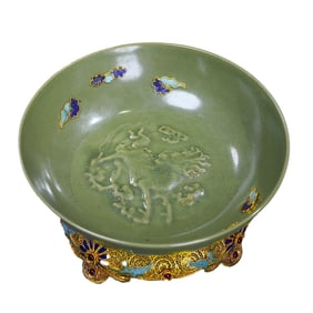 Chinese Longquan Kiln Porcelain Inaly Gold Wires Enamel Base Plate