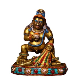 Old Tibetan Gilt Gold Copper Inlay Gem & DZI Agate Mahakala Statue