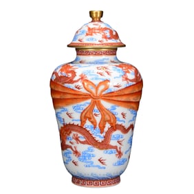 Chinese Qing Dynasty Gilt Edge Iron Red Glaze Fortune Dragon Design Porcelain Pot